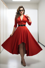 model in red dress posing