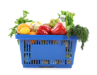 Shopping basket full of food isolated on white background
