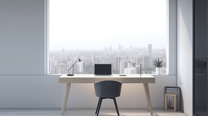  Front view on blank white poster with space for your logo or text on grey wall in sunlit spacious home office with light furniture, modern laptop and city view from arch windows. 3D rendering, mock u