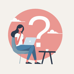 Illustration Woman with laptop and question mark. These illustrations can be used for various purposes, such as graphic design, animation, and learning media. Flat design style
