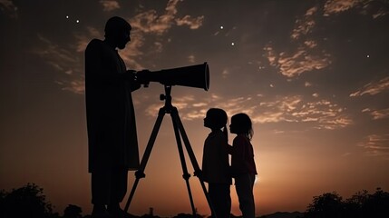  Mixed mediavector silhouette man and children moslem look first start day ramadan moon hilal with telescope while in the evening at islamic calendar