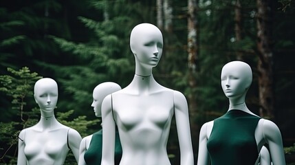 Obraz premium White mannequins, with heather on a dark green forest background. The concept of fashion, style, beauty, ecology, recycle, sustainability, reusing, concept. Zero and fabric waste, creative background