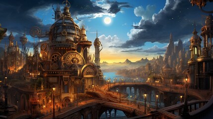 a vibrant, steampunk cityscape with towering clockwork structures, exuding an atmosphere of innovation and creativity
