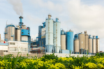 Outside view of factory with cylindrical metal constructions land smoking pipe and yellow flowers growing nearby