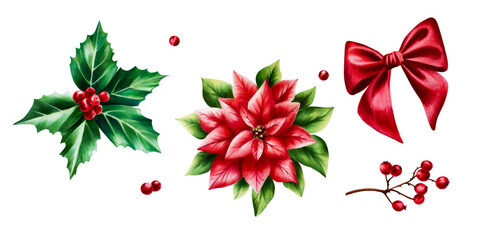 Watercolor set of christmas poinsettia and holly berry. New year botanical december symbol illustration isolated on white background. For designers, decoration, sho - obrazy, fototapety, plakaty
