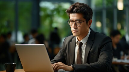 Fototapeta premium A focused businessman in glasses works diligently on a laptop in a bustling cafe, surrounded by blurred background activity.