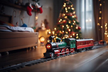 toy vintage steam locomotive on the floor under a decorated Christmas tree against the backdrop of a garland of bokeh lights. - obrazy, fototapety, plakaty