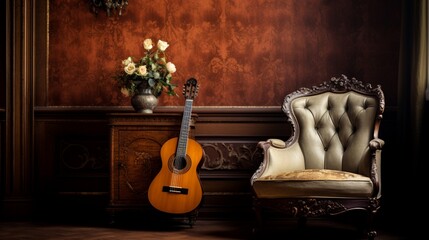 a vintage music room with a classical guitar resting on an antique velvet chair, embodying the elegance of both music and history