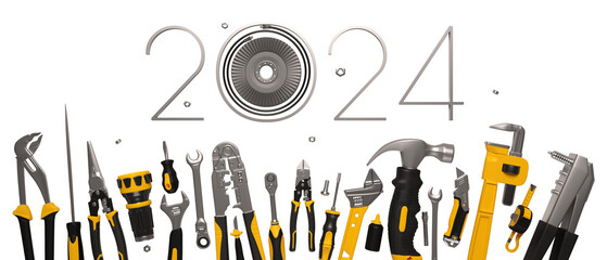 2024 New Year design template with construcrion tools set. PNG illustration witn transparent background on engineering, construction, interior finishing, repair and maintenance theme.
