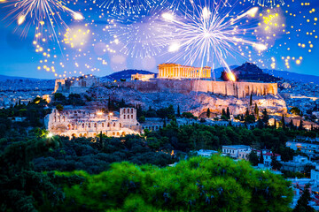 fireworks display over Athens happy new year - obrazy, fototapety, plakaty