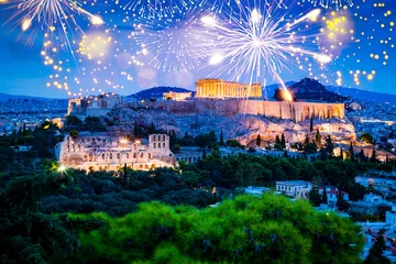 Fotobehang fireworks display over Athens happy new year © Melinda Nagy