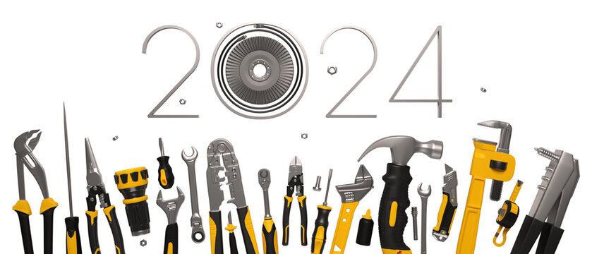 2024 New Year design template with construcrion tools set. PNG illustration witn transparent background on engineering, construction, interior finishing, repair and maintenance theme.