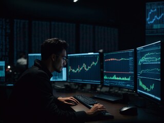 man in front of computer screens, analyzing charts in a day trade