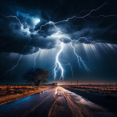 Fondo natural con detalle de camino rustico con arbol y multitud de relampagos de tormenta