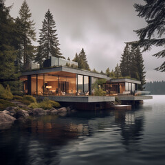 Fototapeta premium Fotografia con detalle de casa de diseño moderno al borde de un lago de montaña