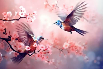 Foto op Canvas hummingbird in cherry blossom sakura in the spring illustration © Andre