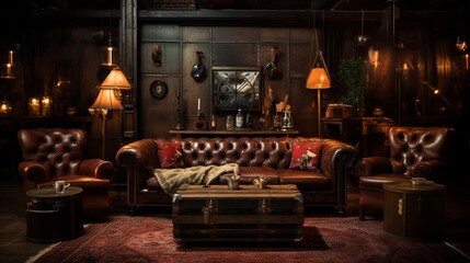 a vintage speakeasy with a worn leather sofa, transporting patrons to the glamour of the Roaring Twenties - obrazy, fototapety, plakaty