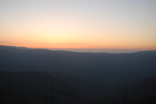 Bright Orange Spring Sunrise Over the Blue Ridge Mountains Shenandoah Valley Hiking View Soft Glow of Dawn New Beginnings Positivity and Optimism
