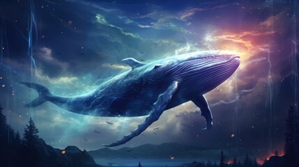 Fototapeta premium A blue whale is flying through the sky