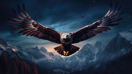 A large eagle flying over a mountain range - obrazy, fototapety, plakaty