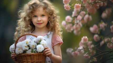 A little girl holding a basket of flowers