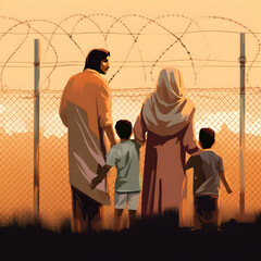 Photo World Refugee Day International immigration concept illustration of family go to refugee camp - obrazy, fototapety, plakaty
