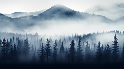 Obraz na płótnie Canvas Pine trees in the fog - dark forest with dramatic light - generative AI
