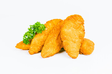 Chicken Breaded Fillet.Fast food. Breaded Chicken Inner Fillet on a White Background,Chicken Breaded Raw Meat. Fast cooking. Breaded chicken nuggets. Homemade food at home.