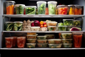 Well-organized fridge filled with containers of balanced, prepped meals ready for the fasting period. Generative Ai - obrazy, fototapety, plakaty