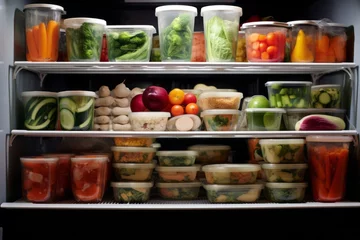 Fotobehang Well-organized fridge filled with containers of balanced, prepped meals ready for the fasting period. Generative Ai © bluebeat76