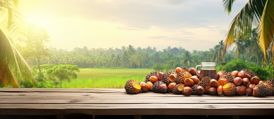 Wooden table with oil palm fruits and palm plantation in the background - obrazy, fototapety, plakaty