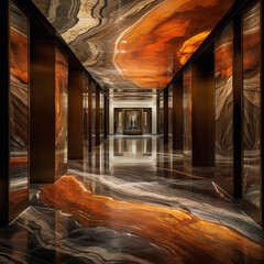 Fotografia con detalle de amplio pasillo con puertas de acceso , paredes, techo y suelo de marmol con tonos marrones y naranjas - obrazy, fototapety, plakaty