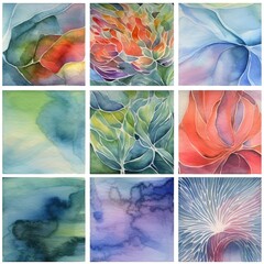 set of watercolor flowers in a grid