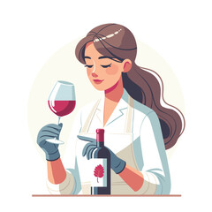 A woman is holding a glass of a red wine. A portrait of the Sommelier. Vector flat illustration, modern concept, winery, bottle of wine in the foreground, vector illustration