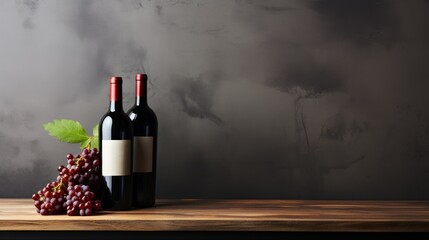 A sophisticated display features two unopened wine bottles with blank labels, positioned next to a bunch of fresh red grapes and a green leaf on a wooden table against a textured gray background