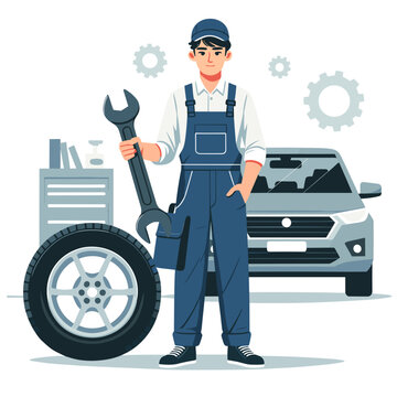 Auto service and automotive repair. Car diagnostics in maintenance workshop with mechanics. Vector illustration. Tires, wrench, professional garage concept 
