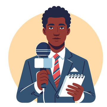 Man conducting a celebrity interview as a journalist. Hand-drawn vector artistic representation, vector illustration, holding a clipboard, vector illustration, flat design