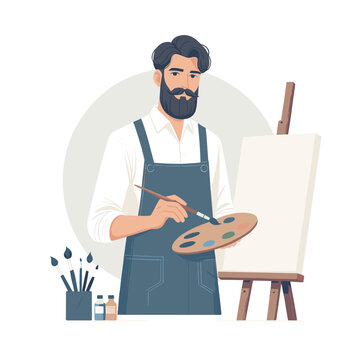 Artist paint concept. Man with brushes and paints near blank canvas. Art and creativity. Handsome man in studio, workshop. Drawing and artwork, artist with easel. Modern toon flat vector illustration,