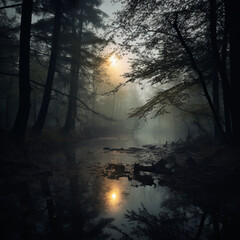 Fotografia con detalle de paisaje natural de bosque, con rio tranquilo y penumbra de sol