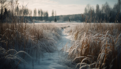 Tranquil scene  tree, grass, water, forest, sunset, reflection, mountain generated by AI