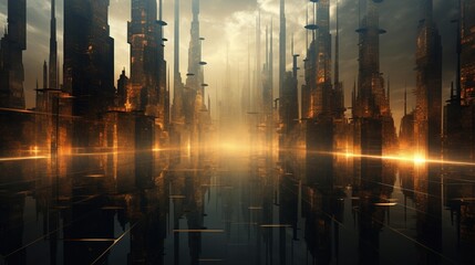 an abstract cityscape with towering, fractal skyscrapers that reach towards the heavens