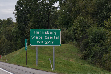 Exit 247 sign on I-76,  Pennsylvania Turnpike for Harrisburg State Capital