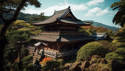 Naklejka premium Ancient pagoda, a symbol of spirituality, in Japanese mountain landscape generated by AI