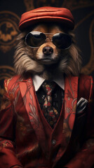 Dog dressed in an elegant red suit with a nice tie, wearing sunglasses and a cap. Fashion portrait of an anthropomorphic animal posing with a charismatic human attitude © mozZz