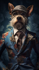 Dog, British Yorkshire, dressed in an elegant suit with a nice tie, wearing glasses and a cap. Fashion portrait of an anthropomorphic animal posing with a charismatic human attitude - obrazy, fototapety, plakaty