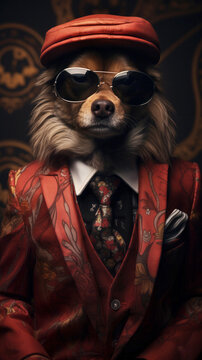 Dog dressed in an elegant red suit with a nice tie, wearing sunglasses and a cap. Fashion portrait of an anthropomorphic animal posing with a charismatic human attitude