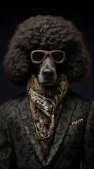 Dog, black poodle, dressed in an elegant suit with a nice scarf, wearing sunglasses. Fashion portrait of an anthropomorphic animal posing with a charismatic human attitude © mozZz