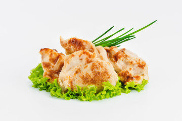 Chicken fillets fried until half cooked, semi-finished product with fresh herbs on a white background. Fast cooking.Fast homemade food.Fast food. Quick cooking at home. Copy space.