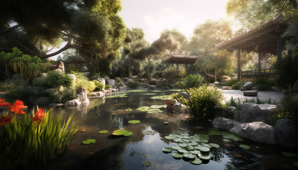 Obraz premium Tranquil pond reflects green landscape, blossoms in nature beauty generated by AI