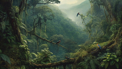 Adventure in the tropical rainforest: hiking through wet, dark ravines generated by AI - obrazy, fototapety, plakaty